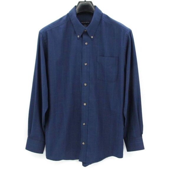 Knightsbridge Wrinkle Resistant Dress Shirt M – Navy Blue Plaid Button Down - Picture 1 of 12